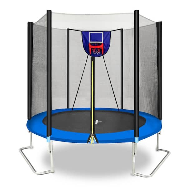 Unbranded 8FT Trampoline with Soft Basketball Board, Ball, and Inflator-Blue, 4 L-Shaped Legs, ASTM & CPC Certified