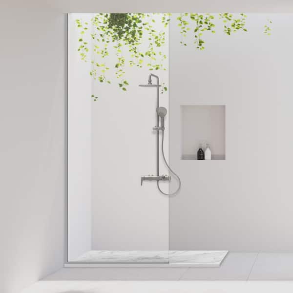 60 in. L x 32 in. W x 1.125 in. H Solid Composite Stone Shower Pan Base with Center Drain in Carrara Slate