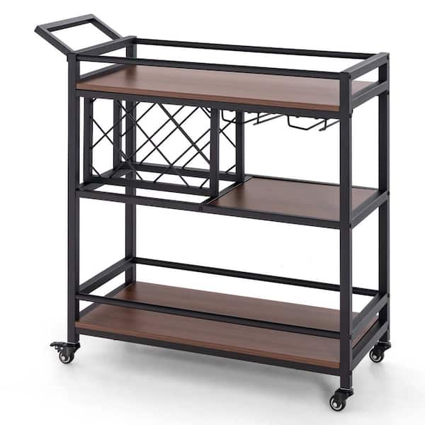 Costway Brown Kitchen Serving Cart with 3-tier Home Wine Rack & Glass Holder and Wheels