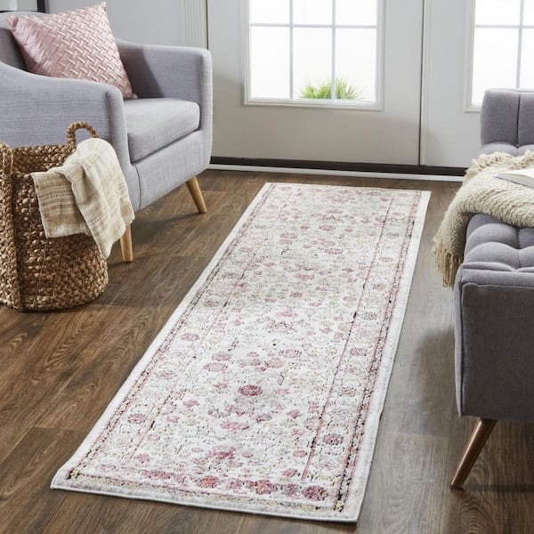 2 ft. x 8 ft. Pink, Ivory Floral Runner Rug