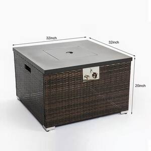 32 in. Rattan Outdoor Fire Table Square Gas Fire Pit in Brown