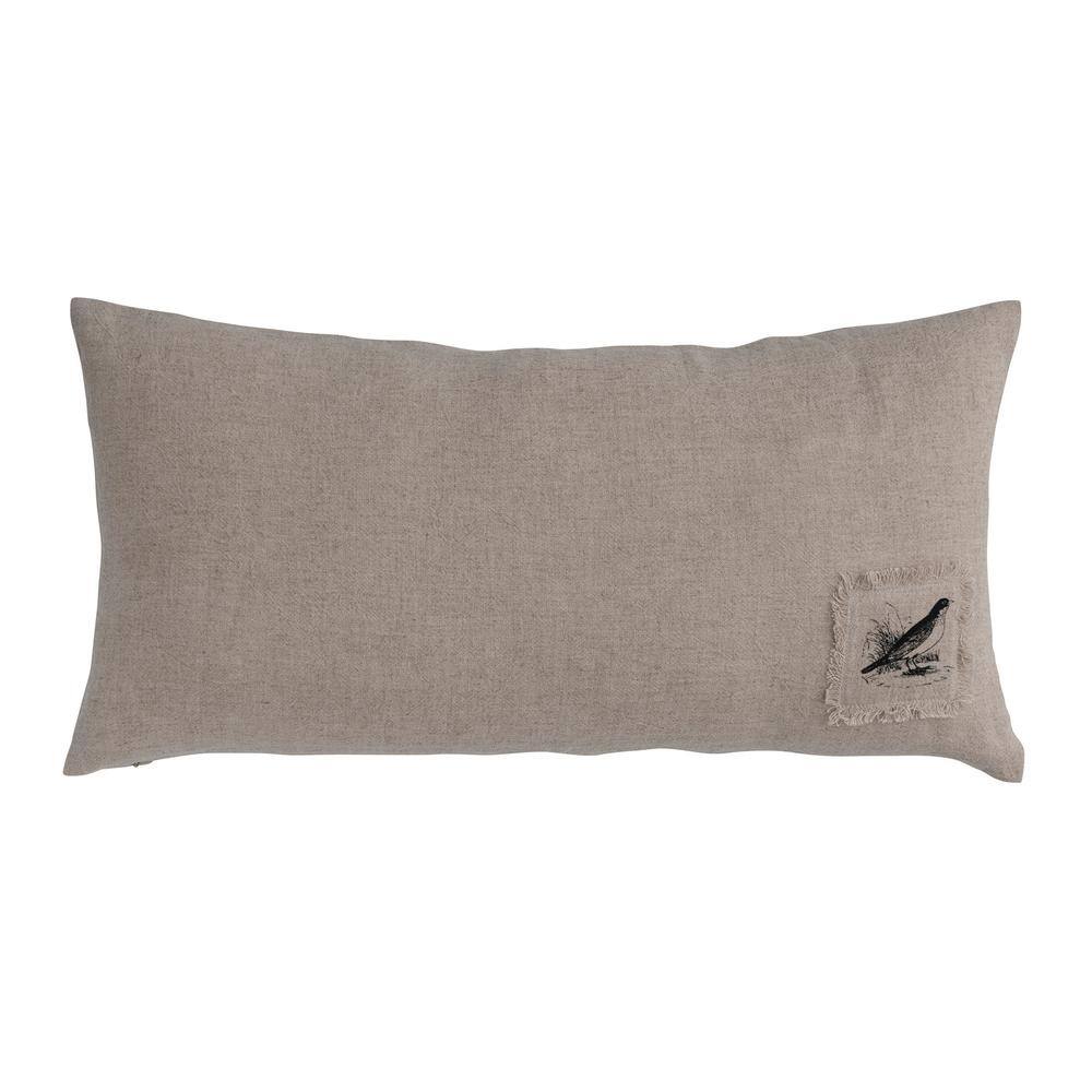 Natural Linen Blend Lumbar Pillow with Floral and Bird Design