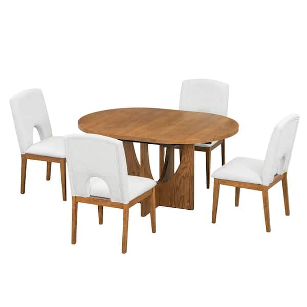 5-Piece Modern Walnut Extendable Wood Top Dining Room Set Seats 4