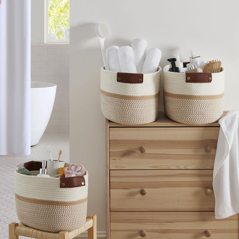 Set of 3 White and Brown Cotton Rope Storage Baskets with Faux Leather Handles
