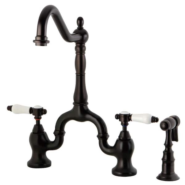 Kingston Brass Bel-Air Double-Handle Deck Mount Bridge Kitchen Faucet with Brass Sprayer in Oil Rubbed Bronze