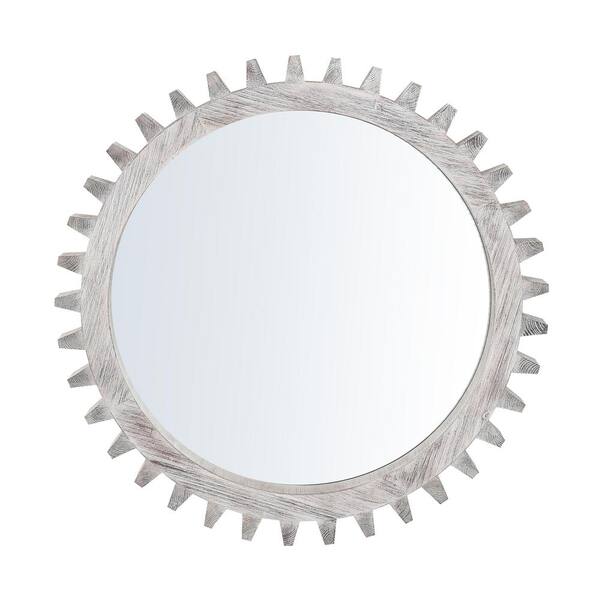Unbranded Vintage White Washed 17 in. W x 17 in. Wood Round Gear Shape Decorative Mirror (Sold Individually) for Living Room