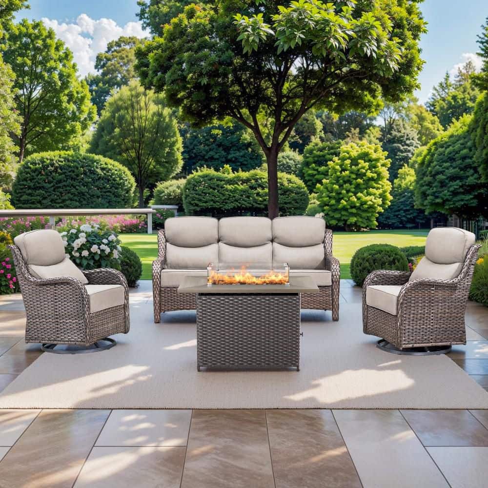 NovaSwivel Brown 4-Piece Wicker Patio Fire Pit Seating Sofa Set Outdoor Conversation Set with 6 in. Thick Beige Cushions price history on PriceWatchPro