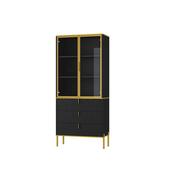 FUFU&GAGA Black and Gold Wooden 31.5 in. Width Sideboard, Storage Cabinet, Bookcase with Tempered Glass Doors 3-Drawer and 3-Shelf