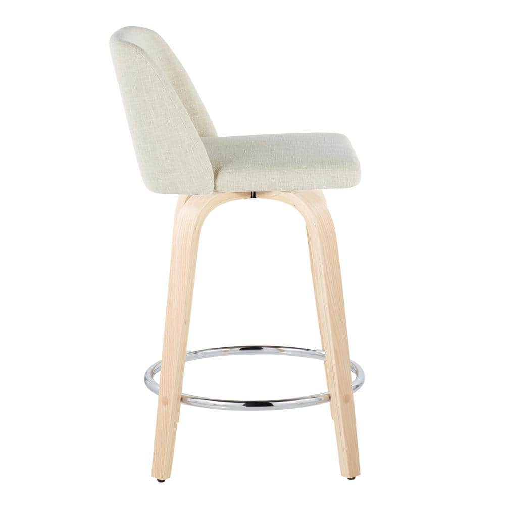 Cream Upholstered Swivel Counter Stool with Natural Wood Legs