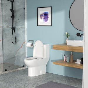 12 inch 1-piece 0.88/1.2 GPF Dual Flush Elongated Toilet in White-3 Seat Included with Wax Ring, Bolts, Side Caps