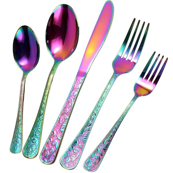 40-Piece Vintage Carved Rainbow Stainless Steel Flatware Set with Knife Fork Spoon (Service for 8), Dishwasher Safe
