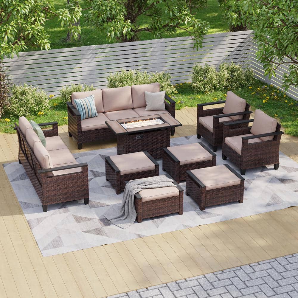 9 Pieces Brown Wicker Sand Cushion Patio Conversation Set with Rectangle Firepit Table and Ottomans price history on PriceWatchPro
