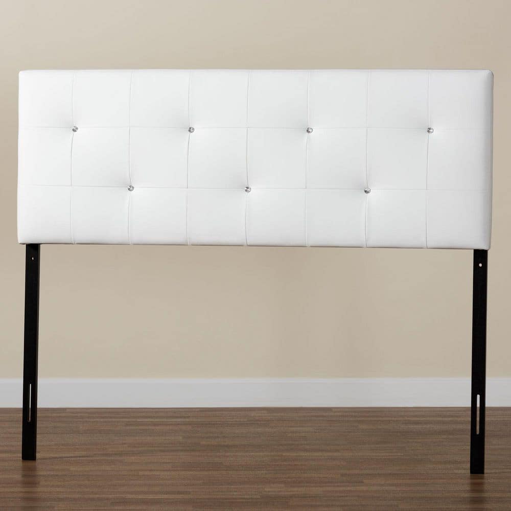White Faux Leather Tufted Queen Headboard with Crystal Buttons