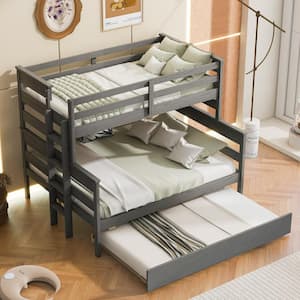 Detachable Style Gray Wood Twin Over Full Bunk Bed with Twin Size Trundle, Built-In Ladder