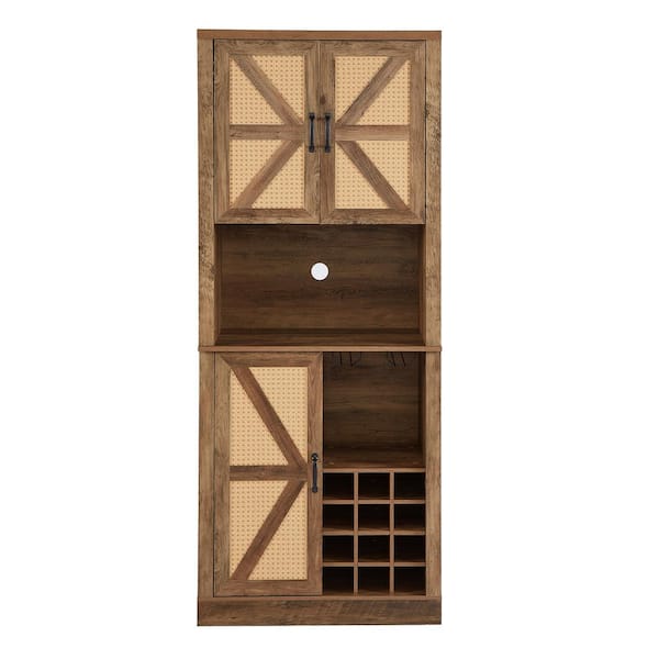 FUNKOL 31.5 in. x 15.7 in. x 76.4 in. Oak Color Wooden Wicker Wine Cabinet w/3 Valley Doors Microwav Shelf & Multiple Wine Rack