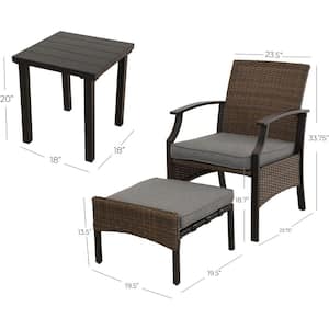 5-Piece Wicker Patio Conversation Set Dinning Chair and Side Table Set with Grey Cushions and Foot Rest