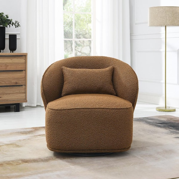 Camel Boucle Upholstered 360° Swivel Barrel Accent Chair with Pillow