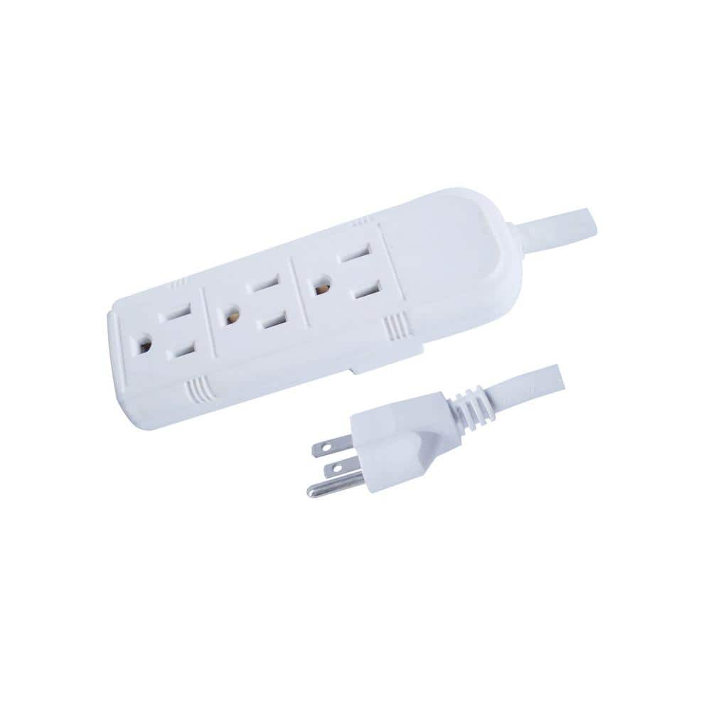 Compact White ABS 3-Outlet Power Strip with 1.5 ft Cord