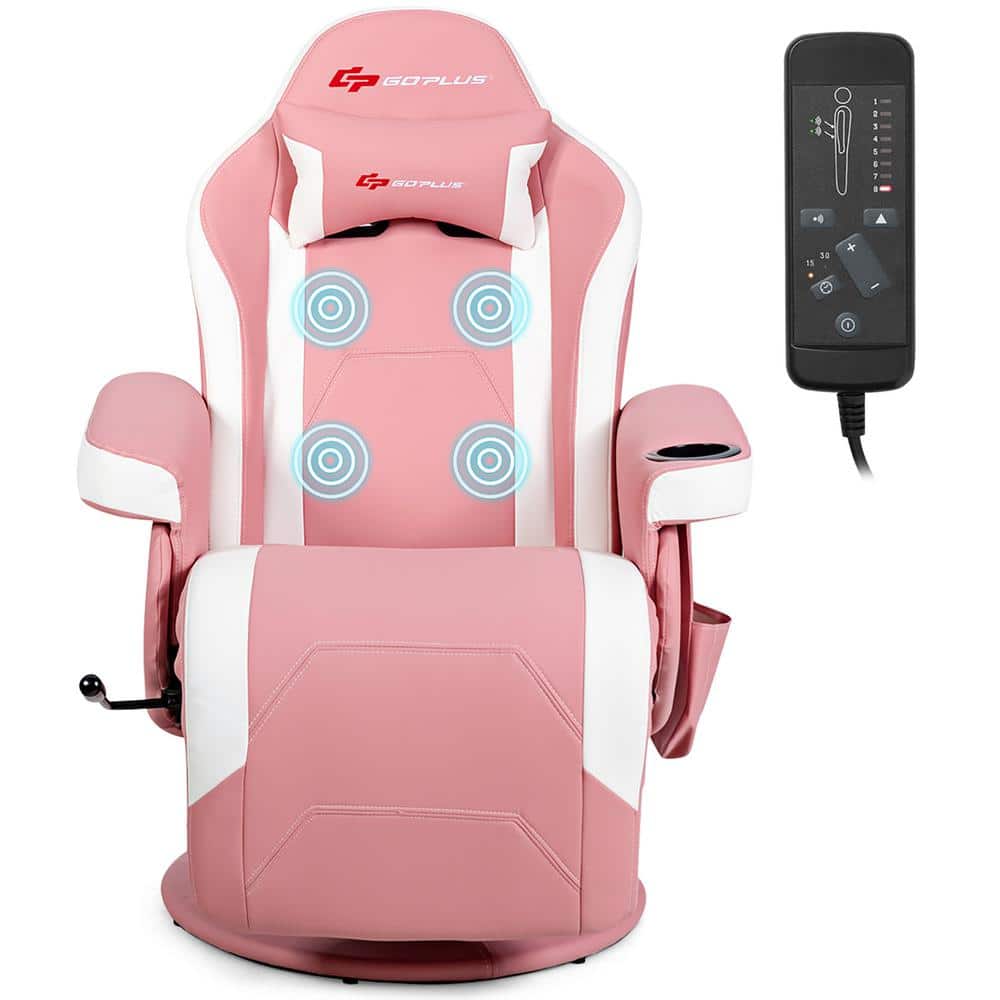 Pink and White PU Leather Reclining Gaming Chair with Footrest