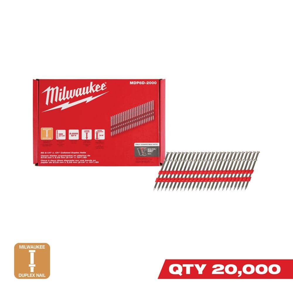 Milwaukee 8D 2-1/4 in. x .131 in. Collated 21-Degree Duplex Nails M18 ...