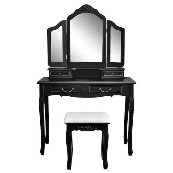 Outopee Tri-Fold Mirror Black Vanity Makeup Table Set with 4-Drawers (57 in. H x 35.4 in. W x 15.7 in. D)