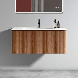 Aaby 36 in. W x 18 in. D x 15 in . H Wall Mounted Floating Bath Vanity Cabinet in Brown with White Ceramic Top and Sink