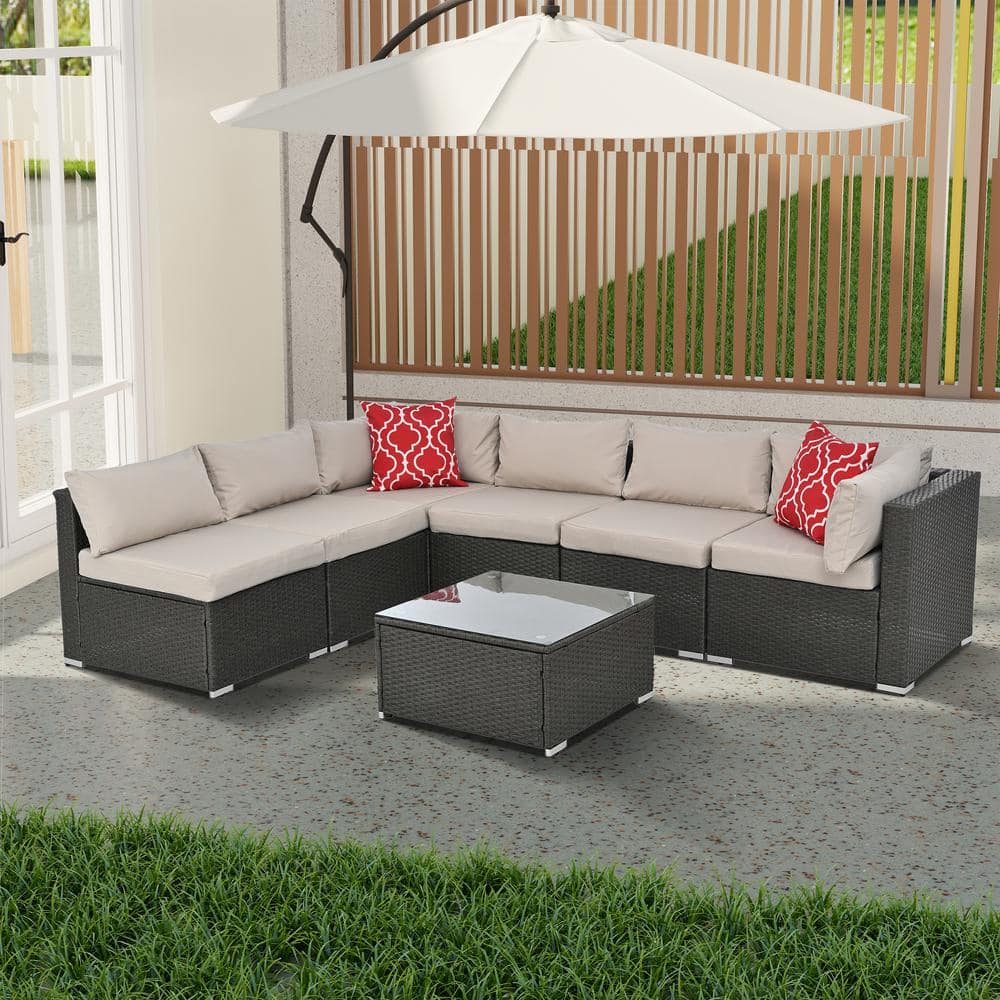 7-Piece Wicker Patio Conversation Set with Light Gray Cushions, Tempered Gl