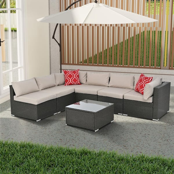 Unbranded 7-Piece Wicker Patio Conversation Set with Light Gray Cushions, Tempered Glass Coffee Table
