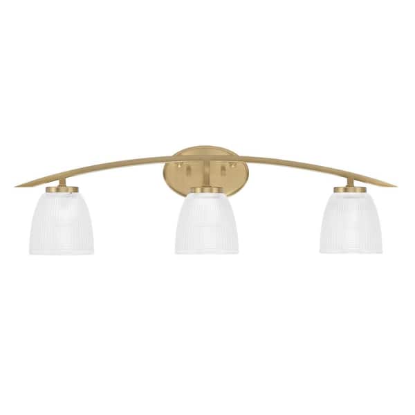 Unbranded Siena 29 in. 3-Light Vanity Light New Age Brass with Clear Ribbed Glass Shades