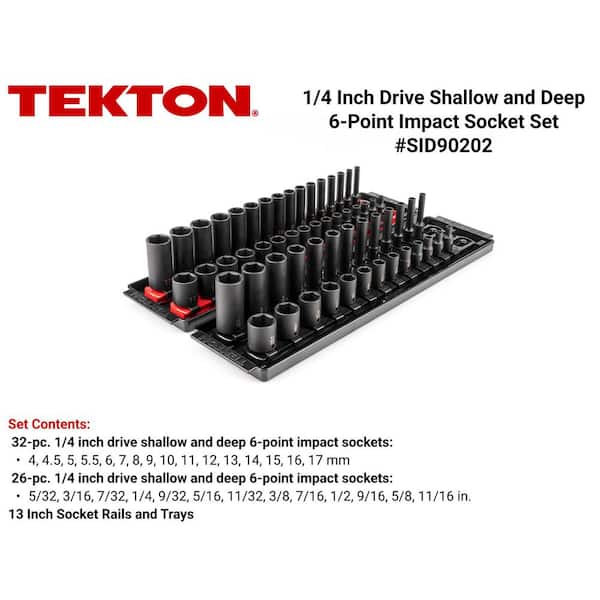 TEKTON 1/4 in. Drive 6-Point Impact Socket Set with Rails and