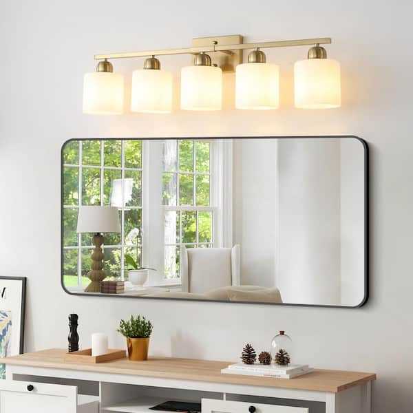 31.5 in. W 5-Light Gold Vanity Light with Frosted Glass Shades, Up/Down Mount for Mirror, Hallway (No Bulb Included)