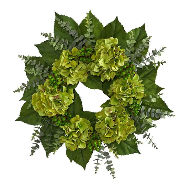 Nearly Natural 24 in. Hydrangea and Eucalyptus Artificial Wreath