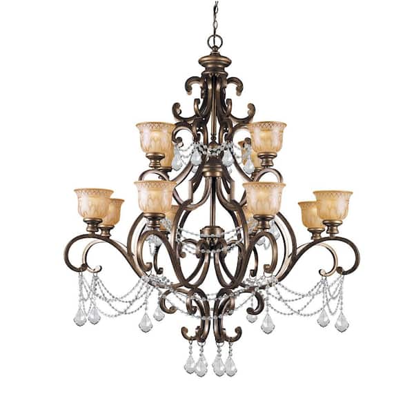 Crystorama Norwalk 12-Light Bronze Umber Standard Chandelier with Glass Shade