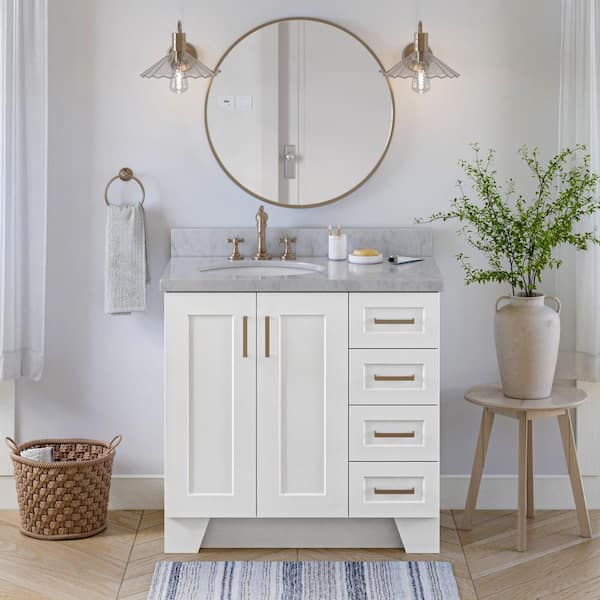 Home Decorators Collection Merryfield 43 in. W x 22 in. D x 35 in. H Freestanding Bath Vanity in Dark Blue-Gray with Carrara White Marble Top