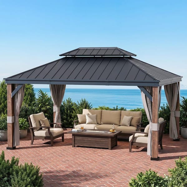 Esunny 12 ft. x 16 ft. Wood Grain Double Galvanized Steel Roof
