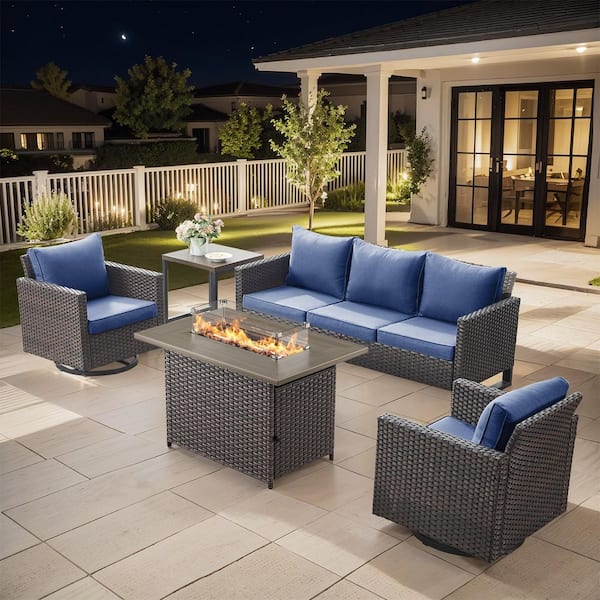U-Frame 5-Piece Brown Wicker Fire Pit Conversation Set with Olefin Blue Cushions and Swivel Glider Chairs/Couch