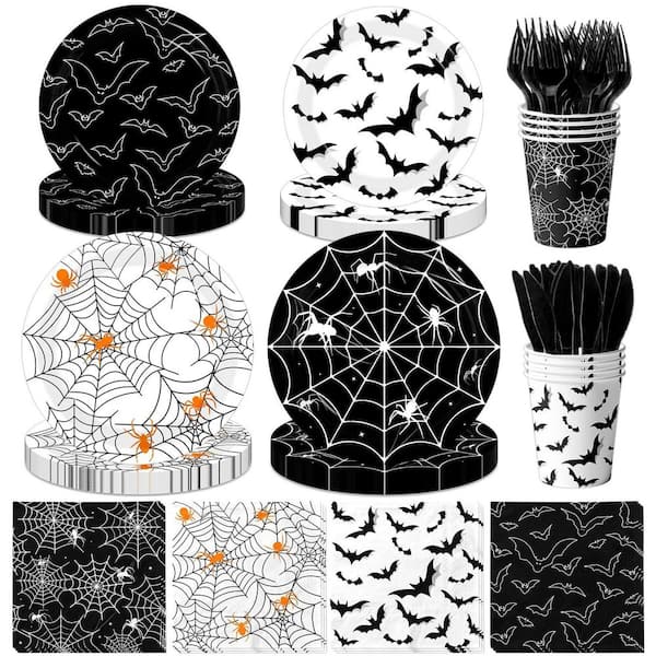 144-Piece Halloween Party Tableware with Black White Bat Spider Web Paper Plates, Napkins and Cups for Spooky Party