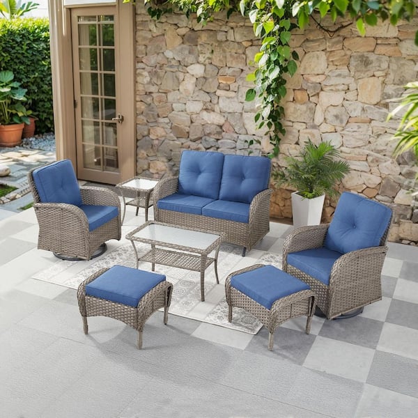 SleekArm 7-Piece Gray Wicker Patio Conversation Set with Olefin Blue Cushion/Glider Loveseat with Patio Swivel Chairs