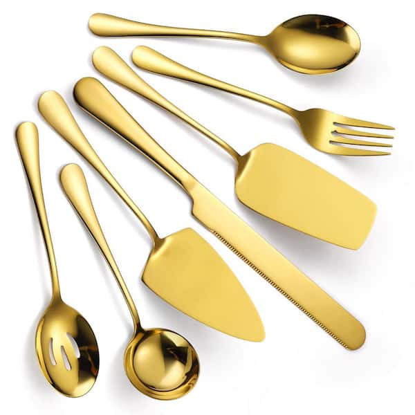 Unbranded 7-Piece Gold Stainless Steel Flatware Serving Set Catering Utensils Include Soup Ladle, Slotted Spoon and Server Fork
