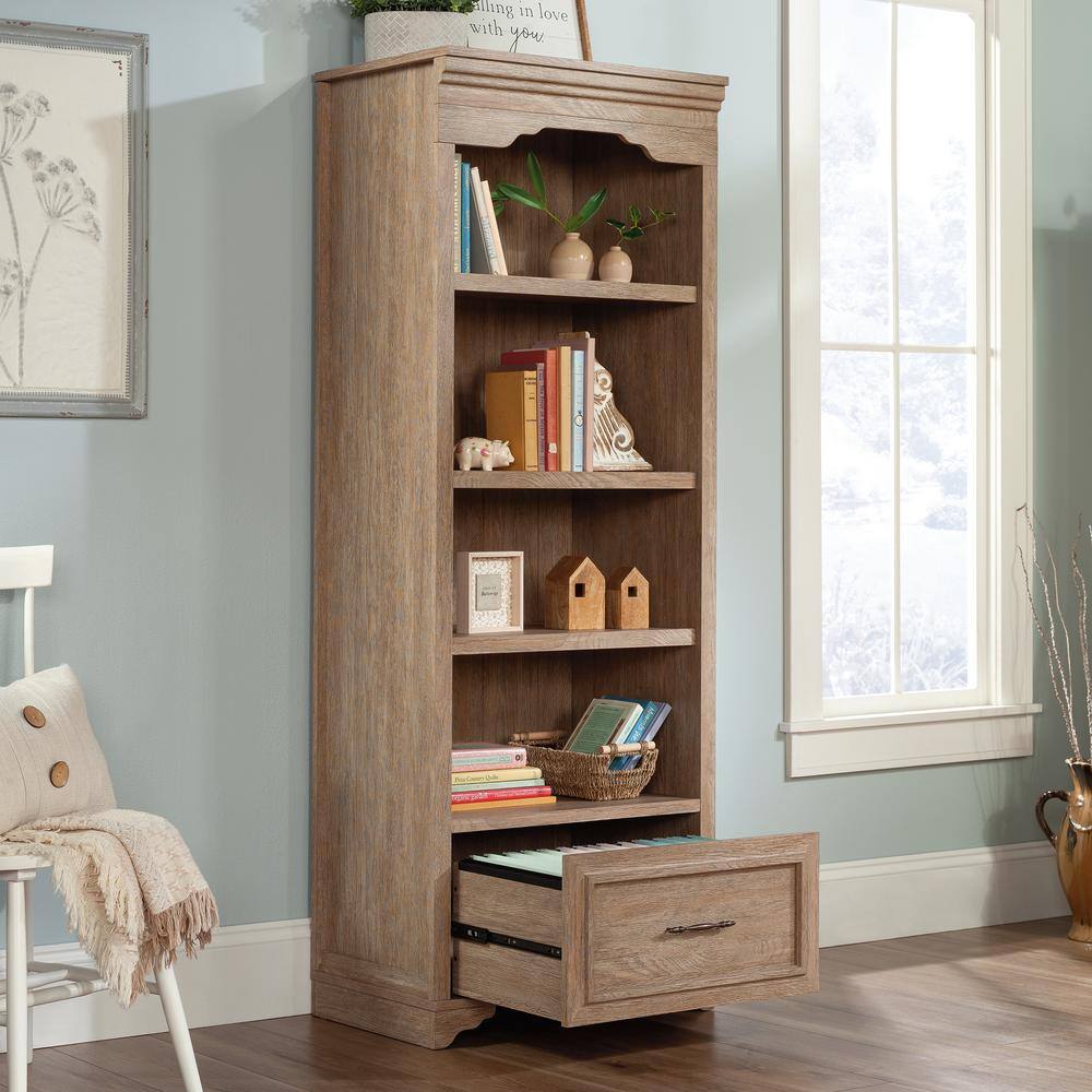 Brushed Oak Adjustable 4-Shelf Bookcase with Drawer