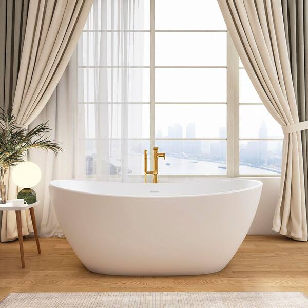 65 in. x 33.5 in. Artificial Stone Soaking Bathtub in Matte White Solid Surface with Overflow and Pop-up Drain