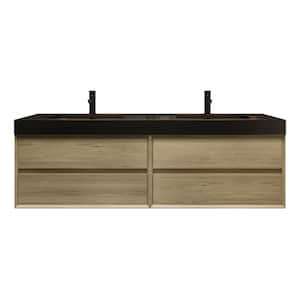 MIA 71 in. W. x 20 in. D x 24 in. H Double Sink Floating Bath Vanity in Teak Oak with Black Stainless-Steel Top