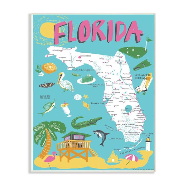 The Stupell Home Decor Collection - 10 in. x 15 in. " Florida Teal Blue and Pink Illustrated Scenic Map Poster" by Vestiges Wall Plaque Art