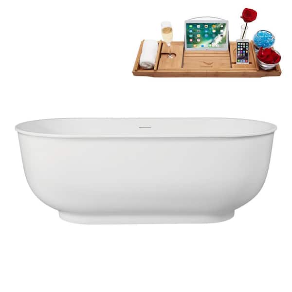Streamline 67 in. x 32 in. Acrylic Freestanding Soaking Bathtub in Glossy White with Matte Oil Rubbed Bronze Drain, Bamboo Tray