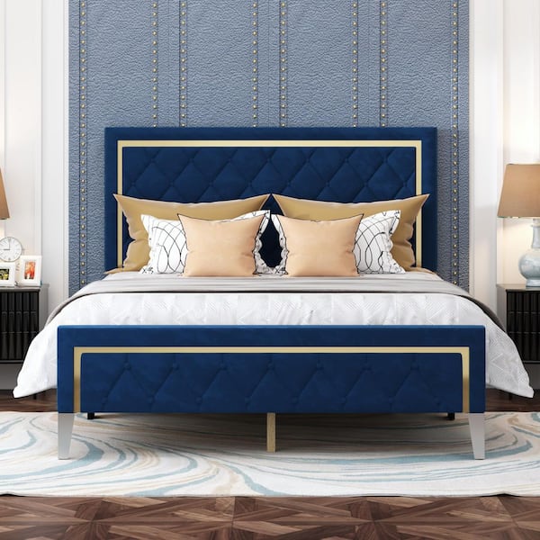Blue Wood Frame Queen Size Panel Bed with Tufted Headboard, Gold Trim, Slats Support and Velvet Upholstered Finish