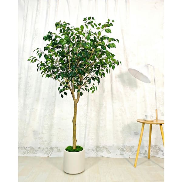 Edvivi 6.5 ft. Artificial Ficus Tree in White Decor Pot, Faux Green Plant Indoor Home Decorative Planter