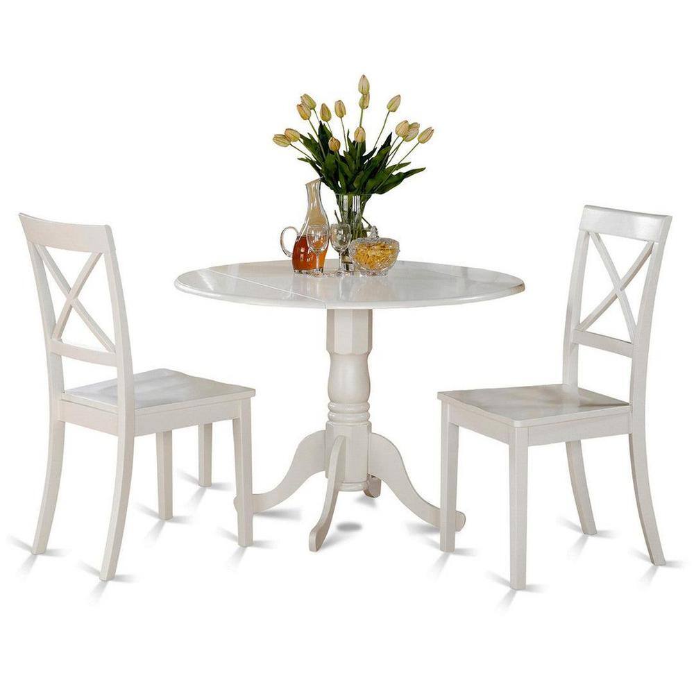 Linen White Round Wood Drop Leaf Table with 2 Chairs