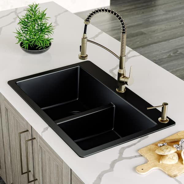 Black Quartz 33 in. 50/50 Double Bowl Composite Drop-in Kitchen Sink