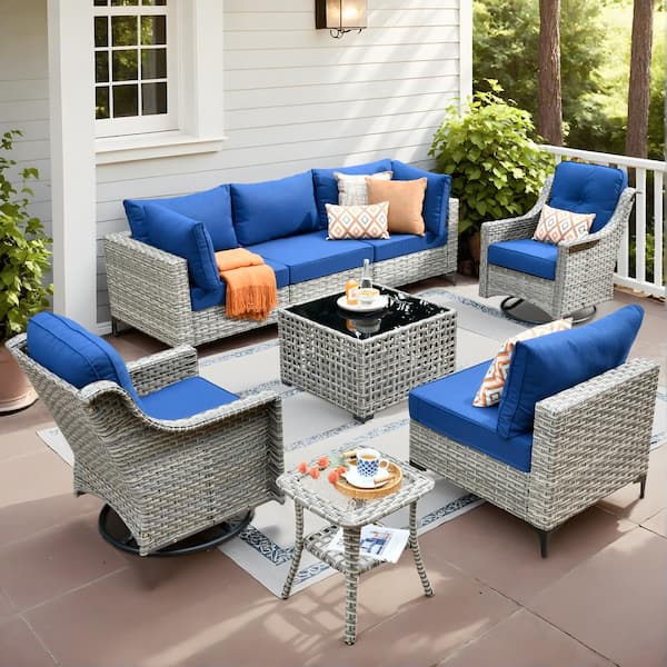 XIZZI Apollo 8-Piece Wicker Patio Conversation Seating Sofa Set with Navy Blue Cushions and Swivel Rocking Chairs