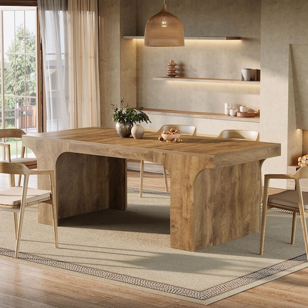 Roesler Elegant Brown Wood Finish Dining Table with Smooth Arc Design, 70.9 in. Sled Long Kitchen Dining Table Seats 6-8